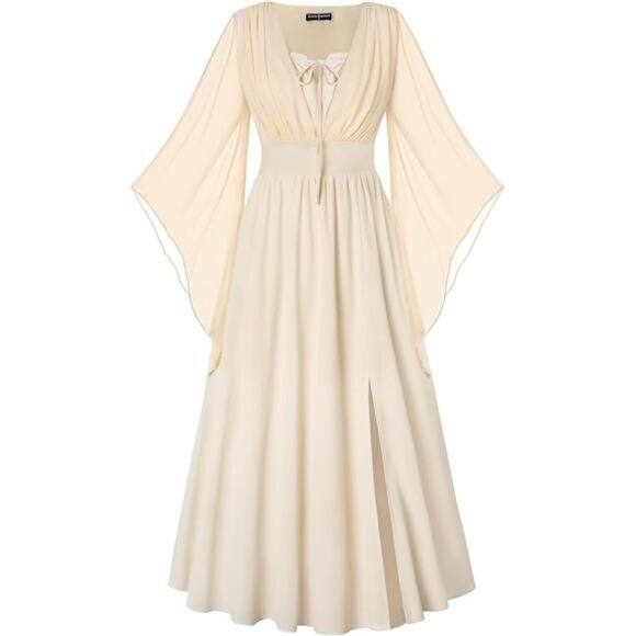 Women Bell Sleeve Fairy Dresses Split Maxi Apricot - Picture 7 of 7